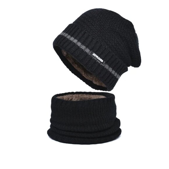 2/$30 Men's Black Knit Beanie Hat & Neck Warmer Scarf Set Thermal Fleece Lined - Picture 6 of 7